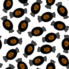 Cute candy seamless pattern on a white background. Halloween illustration. Black, orange and grey color. Design for textile, fabric, wrapping, packing, scrapbooking, card, poster.