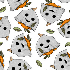 Seamless pattern with halloween ghost pumpkins on a white background. Design for wrapping, scrapbookig paper, textile, fabric