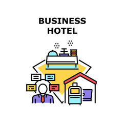 Business Hotel Vector Icon Concept. Business Hotel For Resting On Vacation Or Businessman Trip, Buffet Table With Dishes For Eating Breakfast Or Dinner. Motel For Relaxing Traveler Color Illustration