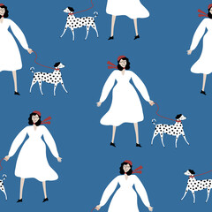 Lady walking the dalmatian. Funny purebred dog and woman in white dress and red beret. Hand drawn vector illustration. Funny seamless pattern. - 446786094