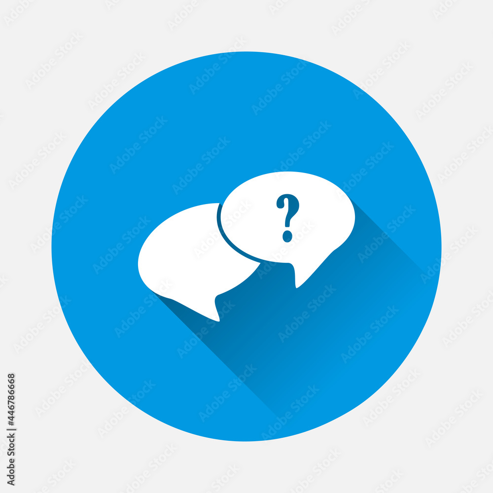 Aufkleber vector exclamation mark icon in speech cloud icon on blue background. flat image with long shadow.