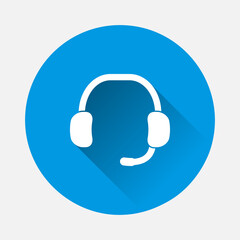 Flat headphones icon on blue background. Flat image with long shadow.