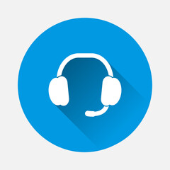 Flat headphones icon on blue background. Flat image with long shadow.