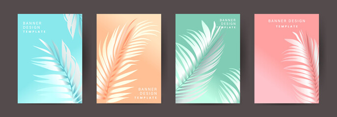 Tropical cover design set with palm branch,  leaf print 
pastel colors 