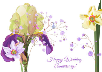 Horizontal card for wedding anniversary. Iris, daffodil (narcissus), gypsophile: blue, purple flower, white background. Templates for design, vintage botanical illustration in watercolor style, vector