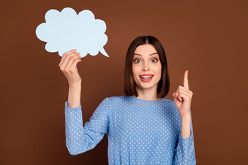 Photo of impressed brunette young lady hold bubble finger up wear dotted shirt isolated on brown color background