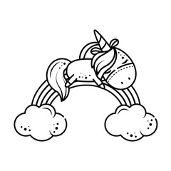 A cute unicorn sleeps on a rainbow in the sky. Isolated object on a white background. Outline icon, Coloring page for kids activity games. Doodle style