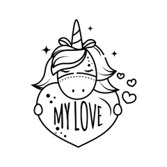 A sweet magical unicorn holds the heart. The girl is in love and waiting for Valentine s Day. Isolated object on a white background. Outline icon, Coloring page for kids activity games. Doodle style
