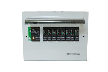 Consumer unit with automatic fuses and switchboard with circuit breakers. . Electrical panel in home distribution board of AC power systems on white background