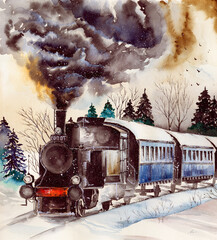 Watercolor picture of a steam engine on the snowy railroad with picturesque winter background  © Мария Тарасова