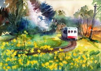 Watercolor illustration of a landscape with a train traveling among a field of yellow canola flowers with trees and bushes in the background 