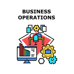 Financial Business Operations Vector Icon Concept. Working Process Management And Financial Business Operations, Analysis And Monitoring Market Prices Work At Workplace On Computer Color Illustration