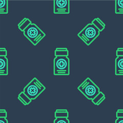 Line Medicine bottle icon isolated seamless pattern on blue background. Bottle pill sign. Pharmacy design. Vector