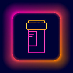 Glowing neon line Medicine bottle icon isolated on black background. Bottle pill sign. Pharmacy design. Colorful outline concept. Vector