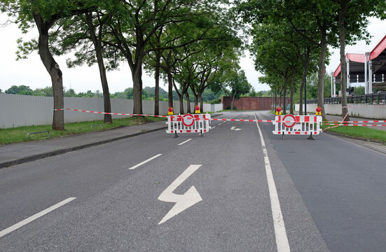 Extreme weather - closed off street following the flooding in Düsseldorf, Germany