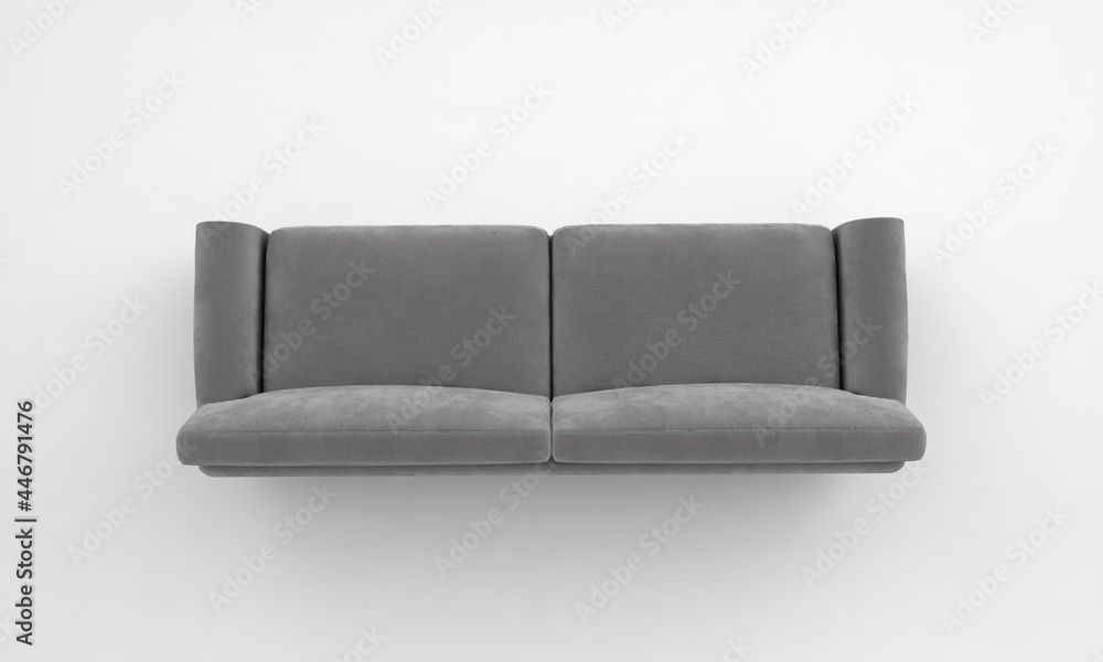 Poster 3d rendering on a grey sofa on a white background