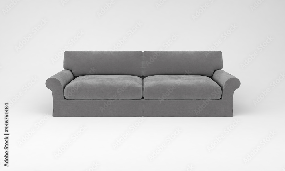 Poster 3d rendering on a grey sofa on a white background