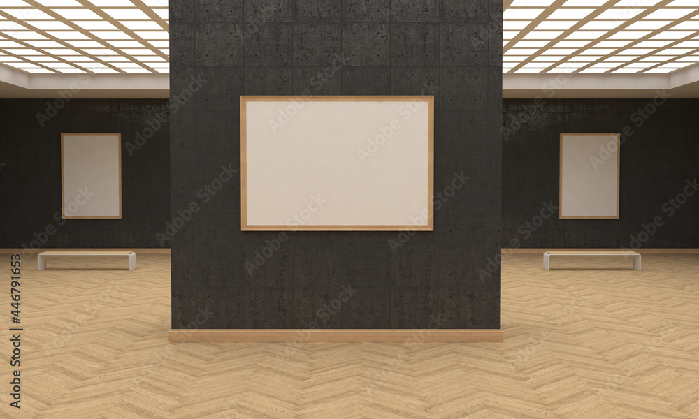 Poster 3d rendering of an art gallery with empty frames for your images/text/art