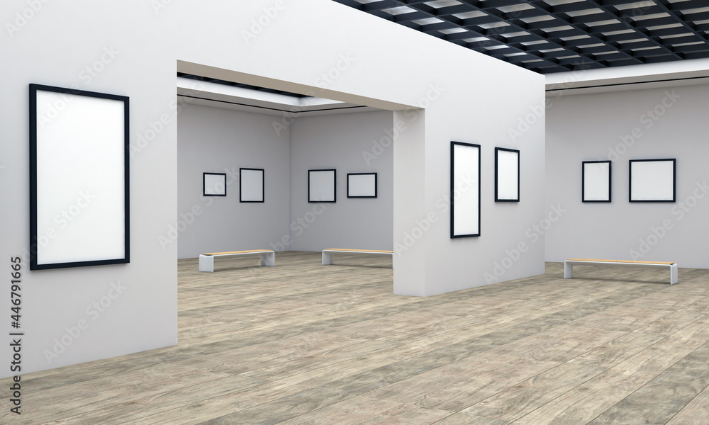 Aufkleber 3d render of a white image gallery with blank spaces for art