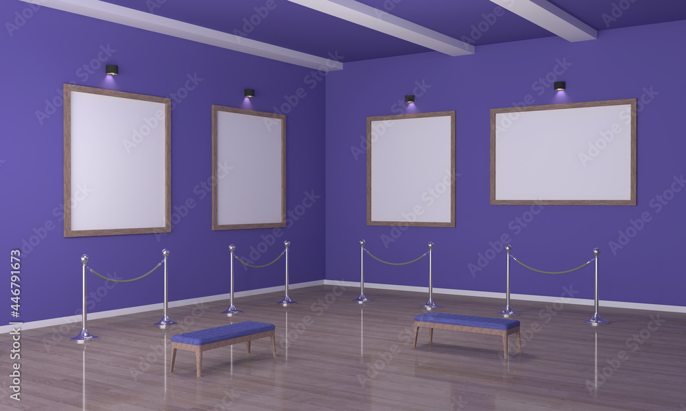 Poster 3d rendering of an art gallery with empty frames for your images/text/art