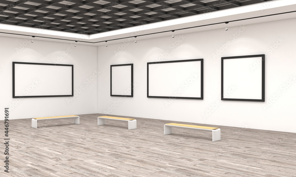 Aufkleber 3d render of a white image gallery with blank spaces for art