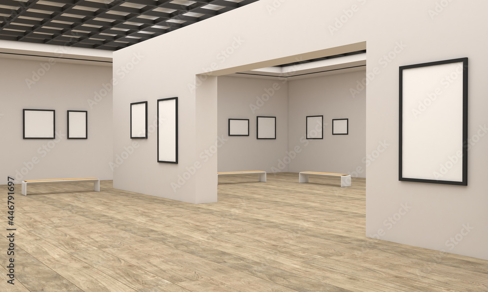 Poster 3d rendering of an art gallery with empty frames for your images/text/art