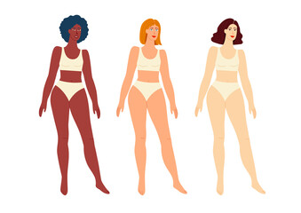 Colored flat vector illustration of girls isolated on white background. Beautiful girls in lingerie. Different types of nationalities. Girls of different races and skin colors.