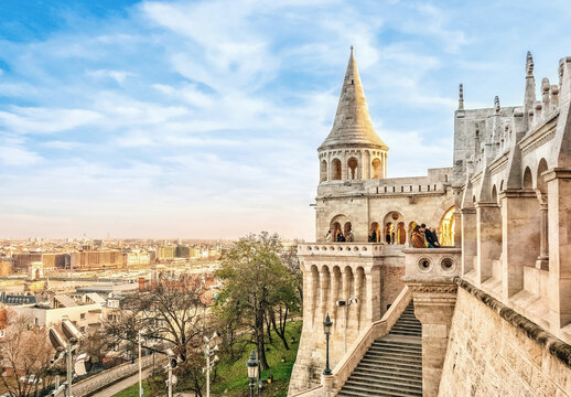 Fisherman's bastion in Budapest Hungary. City landscape
