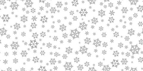 Winter seamless pattern with grey snowflakes on white background. Vector illustration for fabric, textile wallpaper, posters, gift wrapping paper. Christmas vector illustration. Falling snow