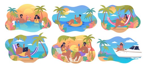 Summer vacation on the tropical island illustration set - obrazy, fototapety, plakaty