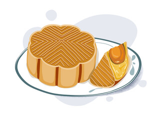 Isolated plate of mooncake filled sweet mung bean paste and salted egg yolk served on white plate. Isolated mooncake on white background. Close up Asian food vector illustration. Mid autumn festival.
