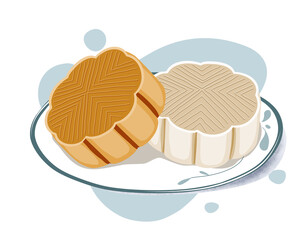Two pice of mooncake on a white plate. Isolated mooncake on white background. Close up Asian food vector illustration. Mid autumn festival celebration.   