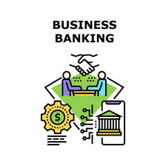 Business Banking Vector Icon Concept. Business Banking Process And Mobile Phone Application For Management Finance Online And Check Bank Account. Consultation With Banker Color Illustration