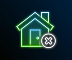Glowing neon line House with wrong mark icon isolated on black background. Home and close, delete, remove symbol. Colorful outline concept. Vector