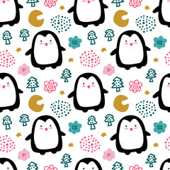 seamless repeating pattern with penguins, trees, flowers, moons and stars