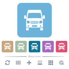Van front view flat icons on color rounded square backgrounds