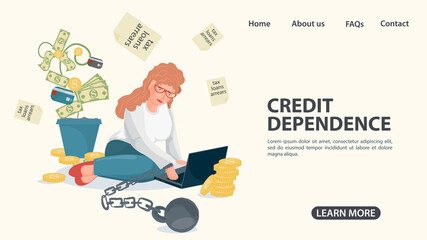 A girl with shackles on her arm is sitting with a laptop among bills and money the concept of credit dependence in the world is an illustration in a flat style for design