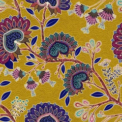 Gardinen Floral seamless pattern. Climbing flowers decorative wallpaper. Design for textile, wallpaper, web, print, paper, backdrop, background. Yellow batik indonesia, curly branches flowers. Vector clipart.  © sunny_lion