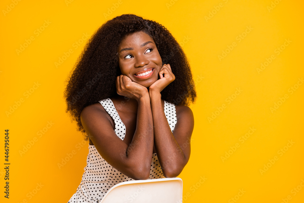 Sticker Photo of nice optimistic brunette lady sit look empty space wear white top isolated on vivid yellow color background