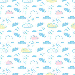 Naklejka premium Seamless pattern. Clouds. White cloud pattern, blue background. Vector graphic, flat graphics
