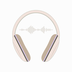 Vector image of beige headphones and the sound track coming from them. To illustrate sound, communication, music, conversations. Design of flat color headphones.