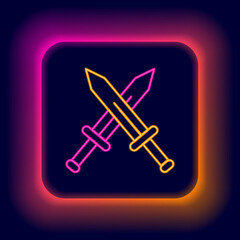 Glowing neon line Crossed medieval sword icon isolated on black background. Medieval weapon. Colorful outline concept. Vector