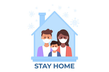 Young parents and children stay at home to prevent from corona virus. Vector illustration in a flat style