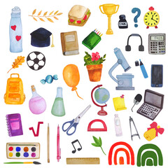 Set of school supplies, hand drawn watercolor illlustrations, objects isolated on a white background. School items, back to school