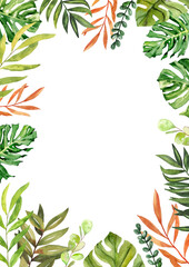 Watercolor hand painted summer vibes exotic leaves illustration banner isolated on white background 