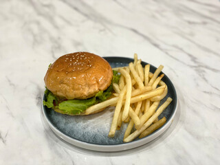 Beef burger and french fries. 