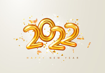 Obraz premium 2022 Happy New Year. 3d render gold metallic sign and and flying serpentine. Festive New Year greeting card 2022. Christmas Poster, banner, cover card, brochure, flyer, layout design.
