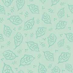 Scandi leaf vector hand drawn modern seamless pattern background. Pastel monochrome teal aqua blue painterly backdrop with scattered foliage, sprigs and Scandinavian vibe botanical repeat for wellness