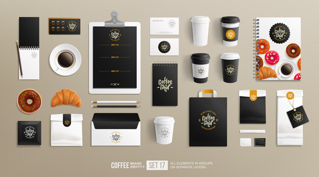 Branding Mockup set for Coffee shop, Restaurant. Coffee food package realistic vector mock-up. Corporate identity MockUp set shopping bag, paper package, menu, stationary elements