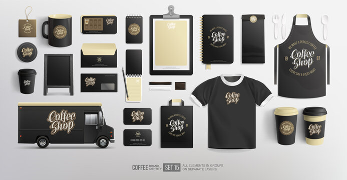 Coffee shop and Restaurant black Brand identity 
 design on mockup items and objects. Restaurant Mock-Up realistic layout of food truck, coffee paper cups, uniform, blackboard, paper pack, menu